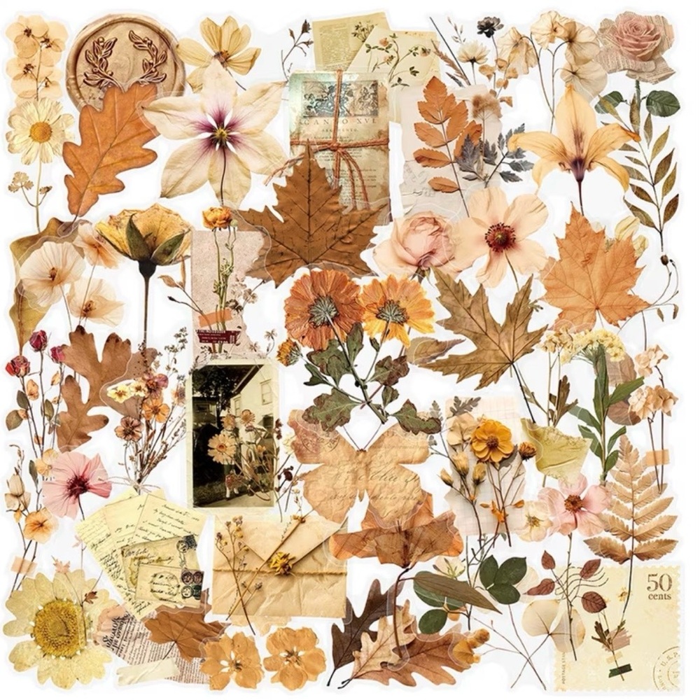 50 Botanical Dried Flowers & Leaves Stickers Golden Neutral Shades Garden